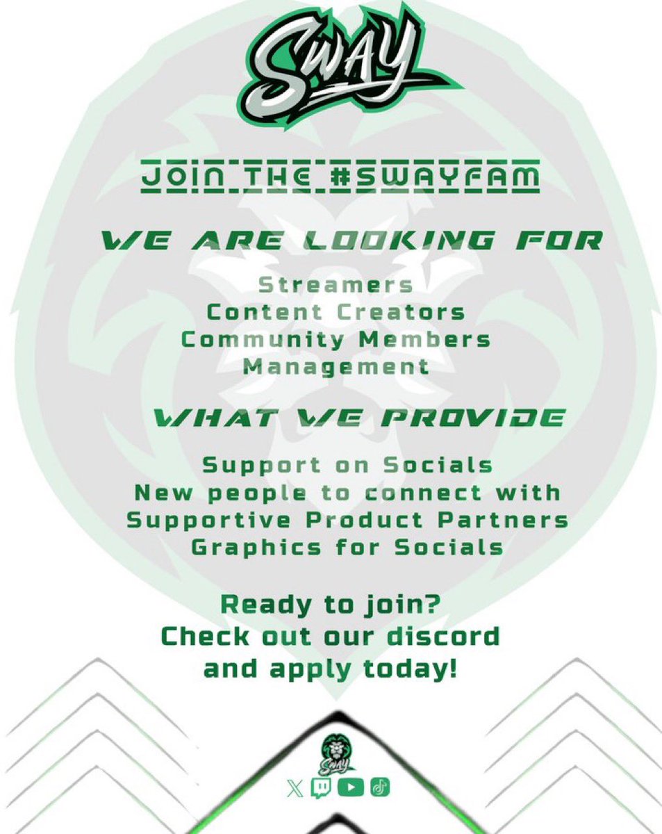 discord.gg/M4W2BxUH

If You Are An Community Member Or An Streamer Became An F/A <a href="/SwayGG/">Sway Esports</a> is Looking For Streamers And Members Join In And Apply