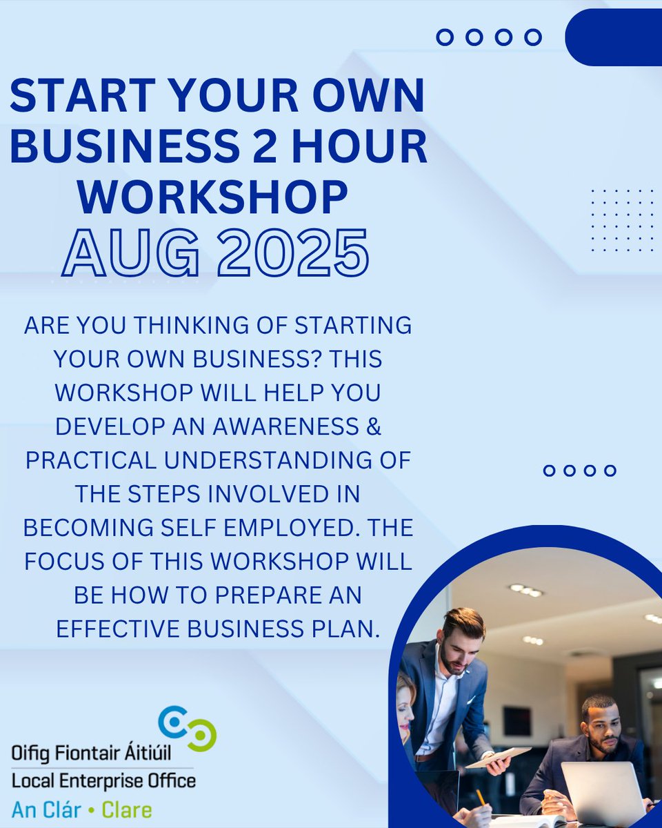 This 2 hour workshop helps participants who are thinking of starting up their own business with developing both awareness &amp; a practical understanding of the essential steps required for self-employment &amp; establishing their own business. 

🔗localenterprise.ie/Clare/Training…
