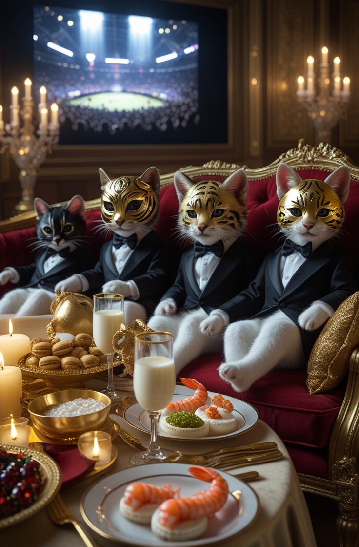InsightBIoom's tweet photo. VIP Lounge: Paws and Power ๐พ๐ญ
Golden masks. Lobster canapรฉs. Milk in crystal glasses.
The elite cats watch from velvet thrones as the Squid Game unfolds below.
They're not here to play โ they're here to be entertained.
#SquidGame #CatLords #VIPCats #LuxuryCats #FancyFelines https://t.co/BlZ2EBUShz