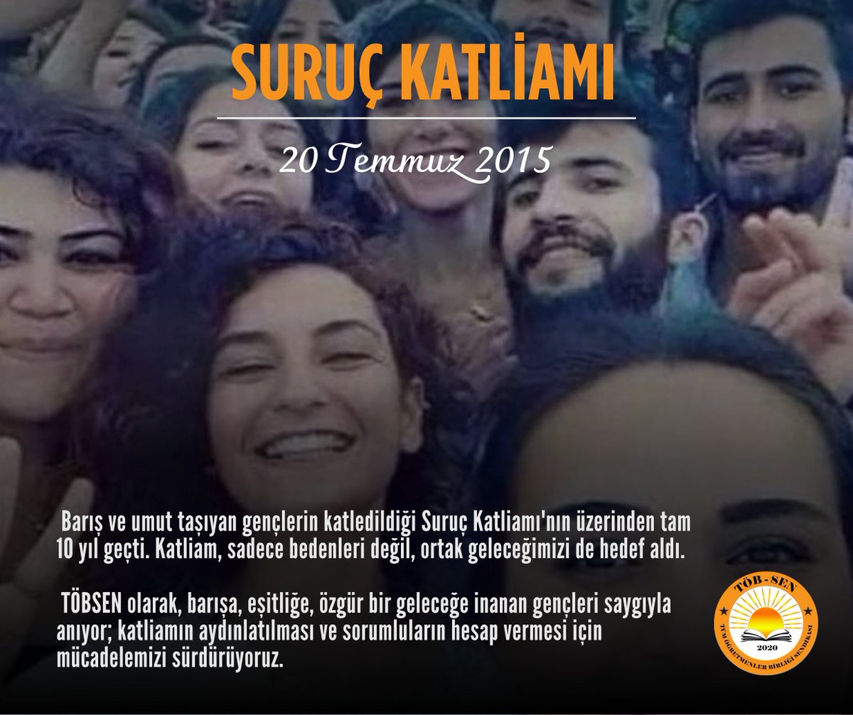 sendikatobsen's tweet image. 🎗 Suruç'u Unutmadık, Unutturmayacağız!
20 Temmuz 2015’te, barış ve umut taşıyan gençlerin katledildiği Suruç Katliamı'nın üzerinden tam 10 yıl geçti.
Katliam, sadece bedenleri değil, ortak geleceğimizi de hedef aldı.
TÖBSEN olarak, barışa, eşitliğe, özgür bir geleceğe inanan…