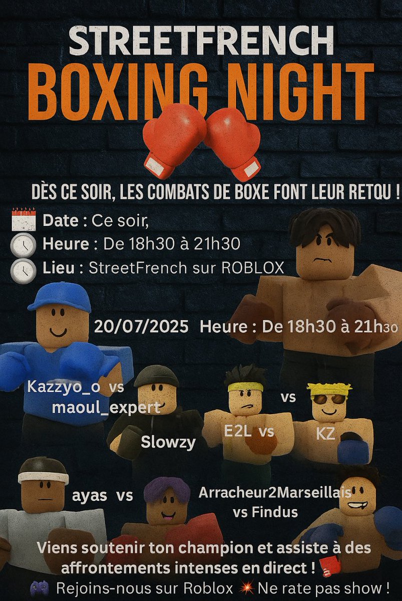 Street_Frenchh's tweet photo. Dès se soir jusqu’au 26/07 les phases de poules auront lieu pour les combats de boxe. Viens assistait au combats de se soir sur Roblox. https://t.co/kN92SBMoq7