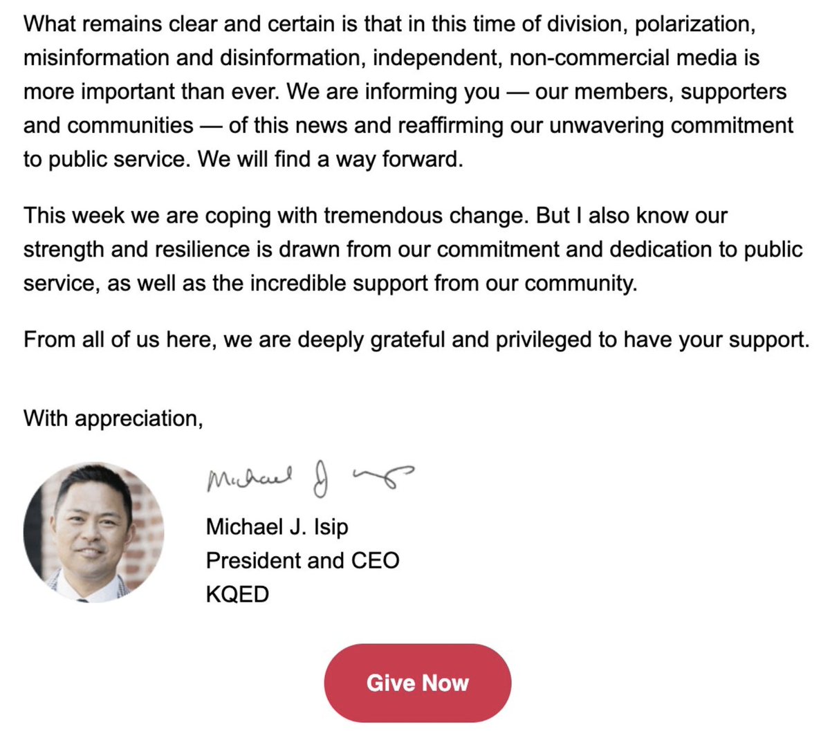 JohnLeFevre's tweet image. The head of KQED, the PBS member television station in San Francisco, sent out an email begging for donations.
Meanwhile, he's getting paid over $500,000 a year.