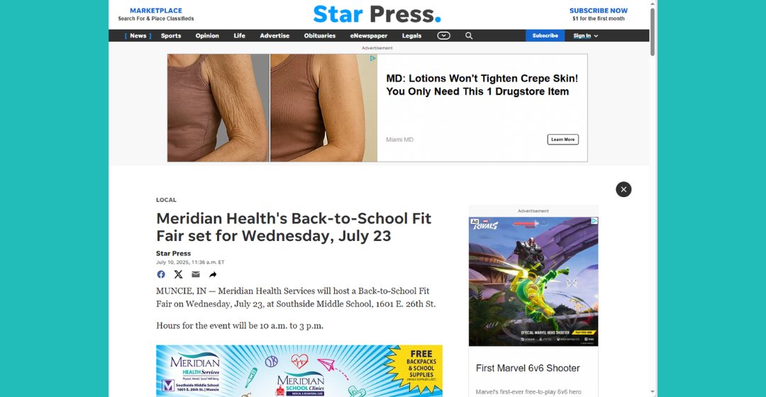 From The Star Press:
MUNCIE, IN — Meridian Health Services will host a Back-to-School Fit Fair on Wednesday, July 23, at Southside Middle School, 1601 E. 26th St.
To learn more visit: bit.ly/4l3HJ1v