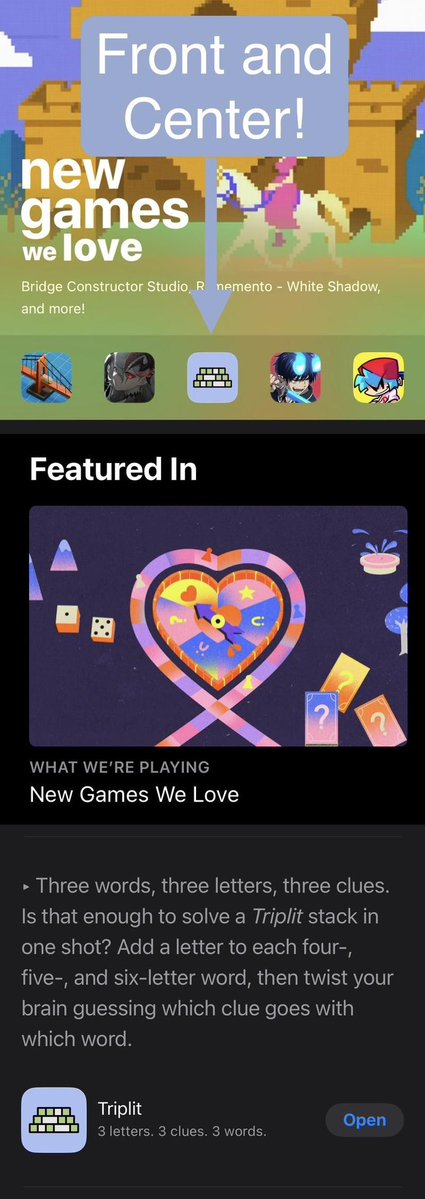 TriplitGame's tweet image. We’re honored! 🎉
Triplit was just featured in the App Store’s “New Games We Love” section.
Huge thanks to everyone solving, sharing, and spreading the word!
Check it out (and come play): apps.apple.com/us/app/triplit…