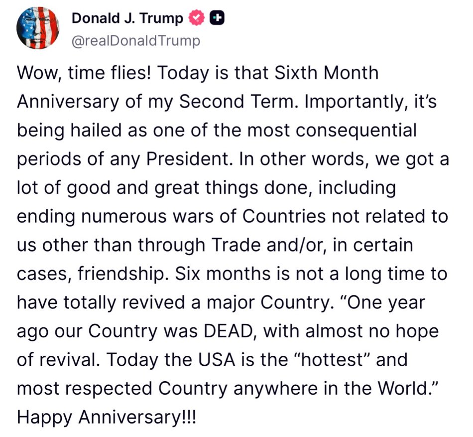 SpeakerJohnson's tweet image. JUST SIX MONTHS into President Trump’s second term, America is safer, stronger, and more prosperous.
We’ve cut taxes, secured the border, ignited the economy, and put America First at home and on the world stage.
And we’re just getting started. 🇺🇸
