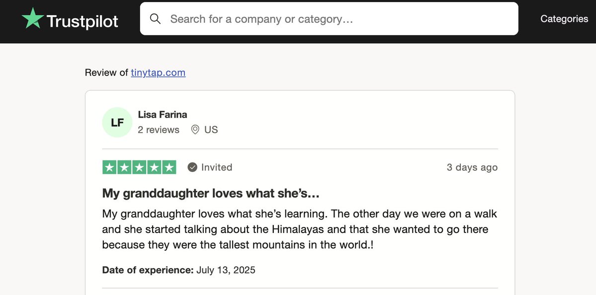 TinyTapEDU's tweet image. We’re star struck! ⭐️ Big thanks to Lisa for sharing her TinyTap story on @Trustpilot!
Who doesn’t love when grandma makes learning extra special?