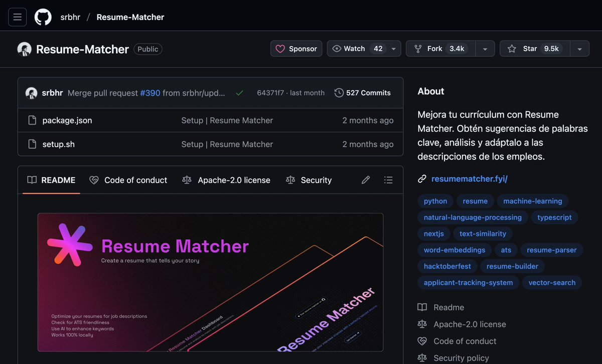 midudev's tweet image. Esta herramienta de código abierto mejora tu CV y lo adapta a cada oferta. Funciona totalmente en local:
github.com/srbhr/Resume-M…