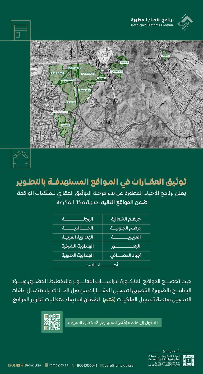 برنامج الأحياء المطورة يعلن عن بدء مرحلة توثيق العقارات للمواقع المذكورة بالخريطة المرفقة، وذلك عبر منصة تسجيل الملكيات (مُتم)
⬇️
pmtm.rcmc.gov.sa/home