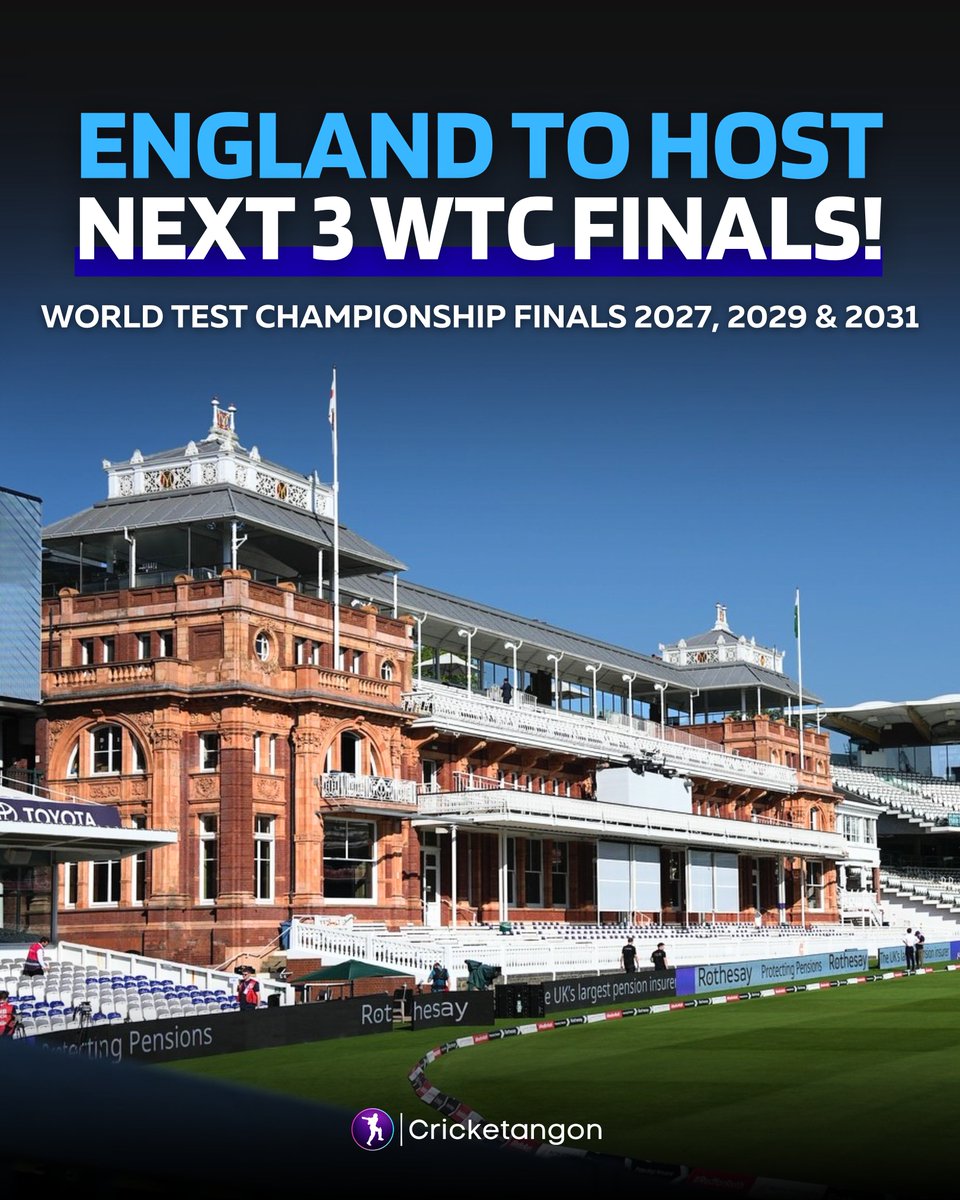 cricketangon's tweet image. 🚨 𝗢𝗙𝗙𝗜𝗖𝗜𝗔𝗟

The ICC has officially confirmed that England will host the World Test Championship finals in 2027, 2029, and 2031 🏆

#WTCFinal | #EnglandCricket