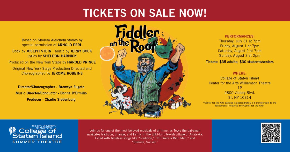 csinews's tweet image. Mark your calendars! Fiddler on the Roof is hitting the stage July 31st - August 3rd!
 Tickets are available now—don’t miss your chance to be part of the tradition as it comes to life on the stage of the Williamson Theatre.

#WeAreCSI