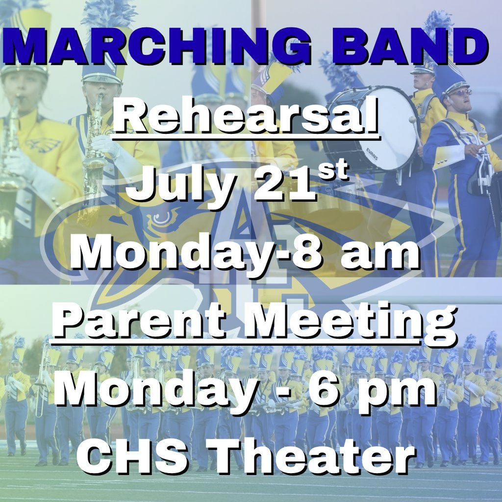 Central High School (@aberdeenchs) on Twitter photo CHS Marching Band rehearsal starts TOMORROW, Monday, July 21st!!
1st Rehearsal will be at 8am.
Parent meeting will be at 6pm at Central High School.
Contact Jeremy Schutter (Jeremy.Schutter@k12.sd.us) or John Patzlaff (John.patzlaff@k12.s.d.us) with questions. CHS Marching Band rehearsal starts TOMORROW, Monday, July 21st!!
1st Rehearsal will be at 8am.
Parent meeting will be at 6pm at Central High School.
Contact Jeremy Schutter (Jeremy.Schutter@k12.sd.us) or John Patzlaff (John.patzlaff@k12.s.d.us) with questions.