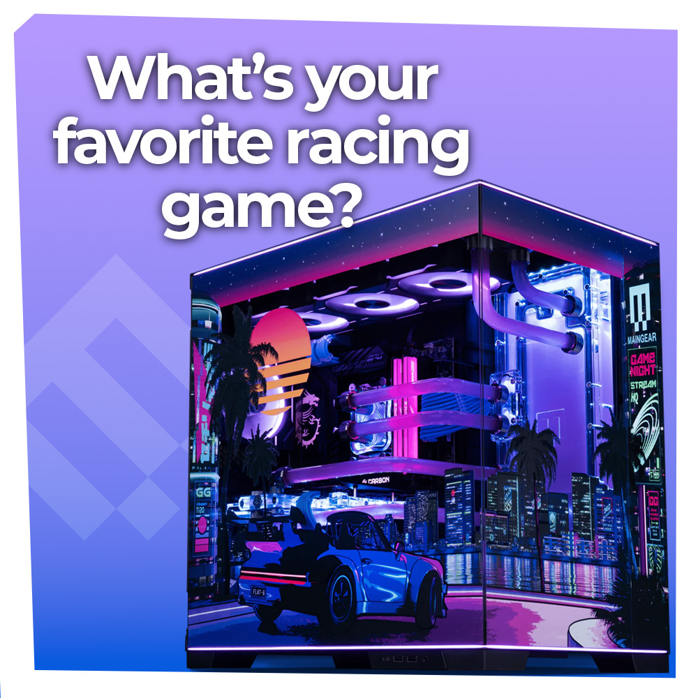 maingear's tweet image. From neon lights to high-speed thrills, we're revving up the conversation with our Night Drive RUSH Artist Series PC⚡🌴What's your favorite racing game or sim? Let us know! 👇