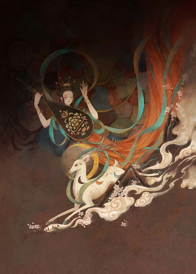 x1ngwu's tweet image. In the murals of Dunhuang’s Mogao Caves, a luminous creature walks between worlds—the Nine-Colored Deer (九色鹿), radiant with snow-white antlers and a coat of shimmering hues. Born from Indian legend but reborn in Chinese folklore during the Northern Wei, this stag speaks the…
