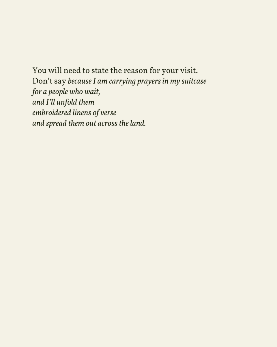 readalittlepoem's tweet image. “You will need to state the reason for your visit. / Don’t say because my parents’ house / still sits empty on a bluff overlooking the sea”
— Lena Khalaf Tuffaha
.
.
.
This poem appeared in Water & Salt by Lena Khalaf Tuffaha, published by Red Hen Press, 2017.