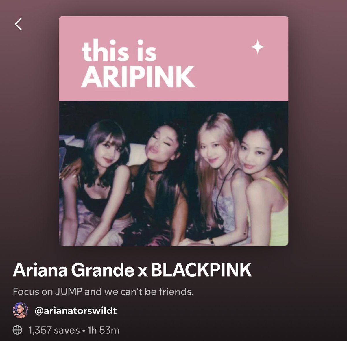 PINKCULTURED's tweet photo. Also for any BLINKs that are participating, we are still collabing for the #ARIPINK streaming! Use this playlist in your streaming!

Remember it’s good to change playlists often!
🔗 https://t.co/E9wq1VO9kK

@BLACKPINK #BLACKPINK #JUMP #블랙핑크 https://t.co/QkacbZyCkI