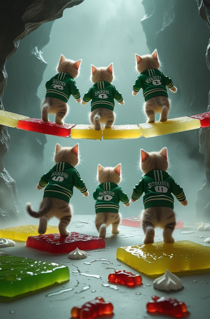 InsightBIoom's tweet photo. Step light, fall softโฆ or fall forever. ๐ฌ๐พ
The jelly bridge wobbles. The kittens hesitate.
Only one path leads to freedom. The others? Sticky sweet doom.
#SquidGame #CatBridge #JellyChallenge #PopCultureCats #CuteAndDeadly #KittensInDanger #FelineSurvival #CandyTrap https://t.co/nHvU7jHnpG