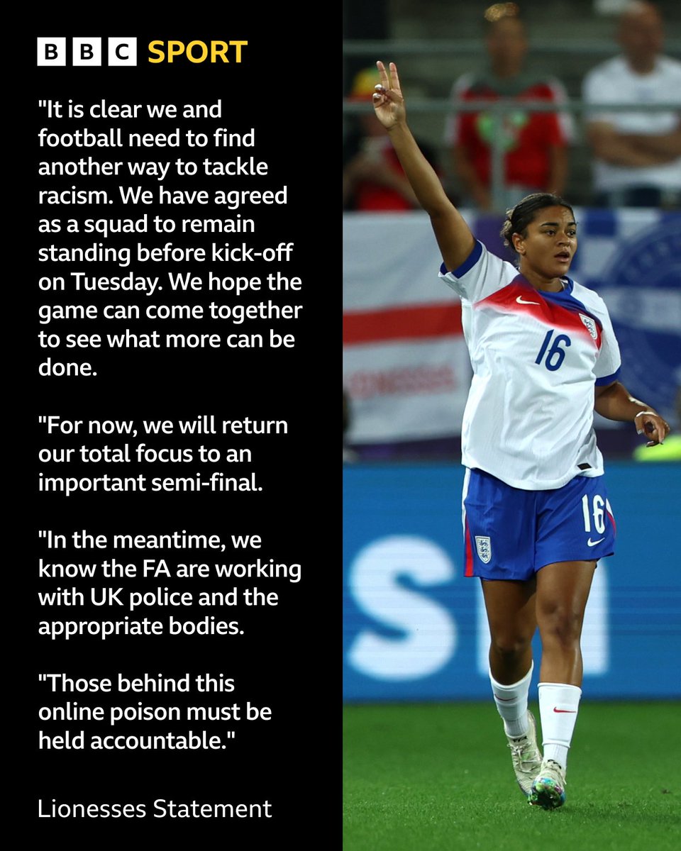 The Lionesses have released a statement of support for Jess Carter who has received online racial abuse during Euro 2025.

The statement also confirms that England won't take the knee before Tuesday's semi-final against Italy, calling for another way to tackle racism.