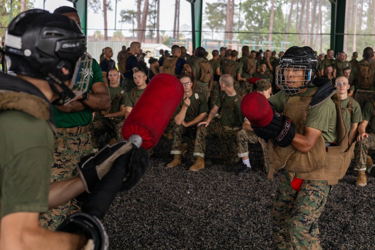 USMC's tweet image. #MarineCorps recruits participate in a body sparring event during the Marine Corps Martial Arts Program (MCMAP) aboard Marine Corps Recruit Depot Parris Island, S.C., July 11, 2025.
MCMAP trains recruits in self-defense through body sparring and the use of pugil sticks,…