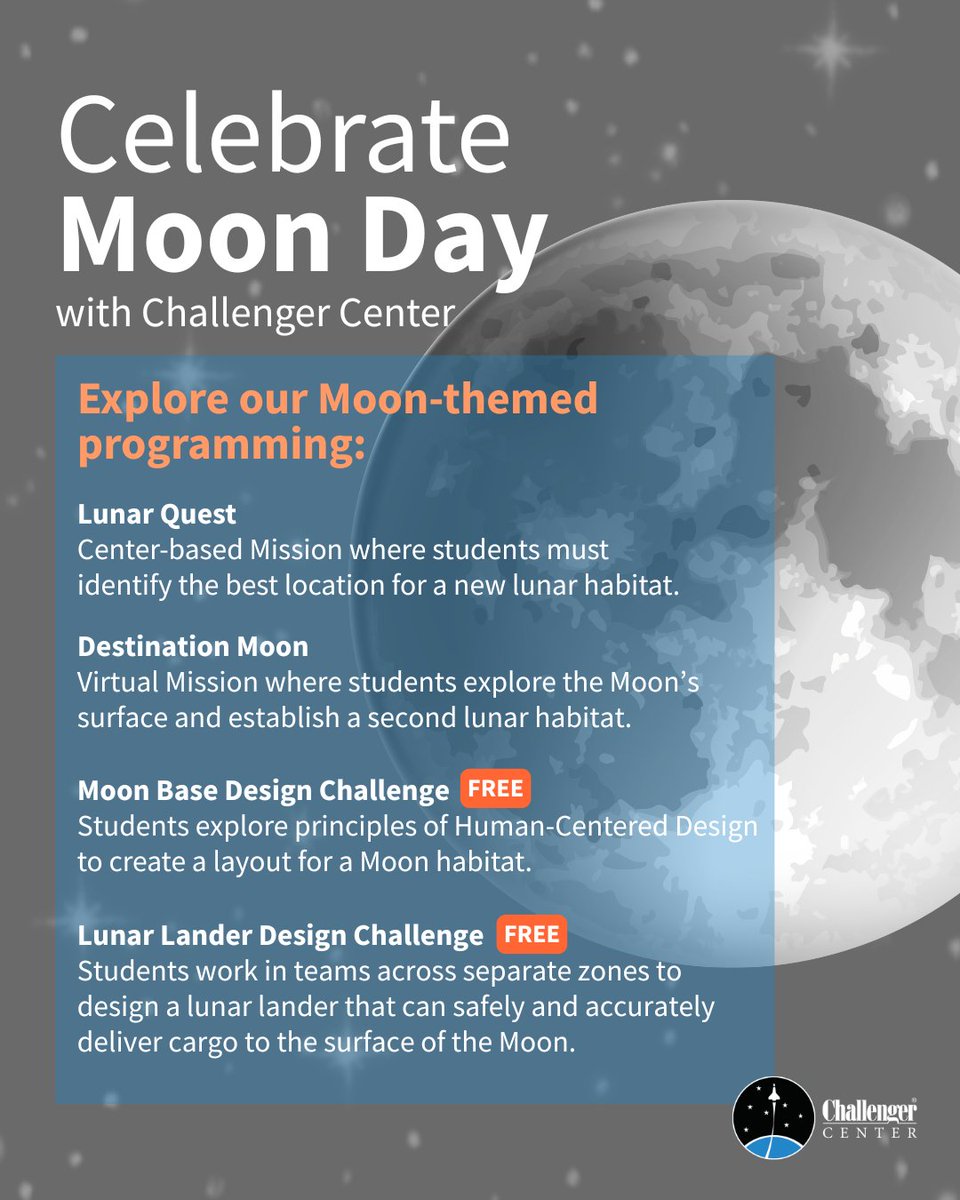Happy #MoonDay🌙 56 years ago today, #Apollo11 landed and astronauts Neil Armstrong and Buzz Aldrin became the first humans to walk on the Moon. Celebrate with Challenger Center by exploring our Moon-themed programming! challenger.org/programs/

#STEM #STEMeducation #Space