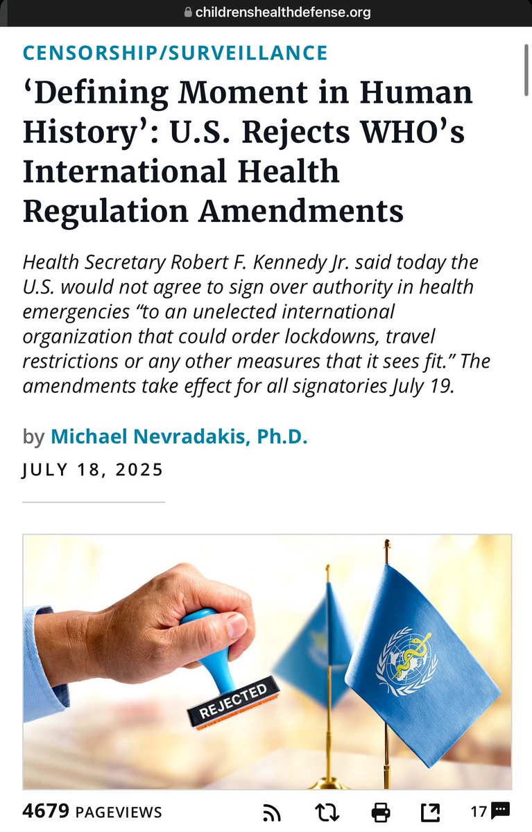 sayerjigmi's tweet image. 🚨 BREAKING: U.S. Rejects WHO Power Grab 🚫🌍
In a historic stand for sovereignty, the United States has formally rejected the WHO’s sweeping amendments to the International Health Regulations (IHR).
These amendments would have handed unelected global bodies unprecedented power…