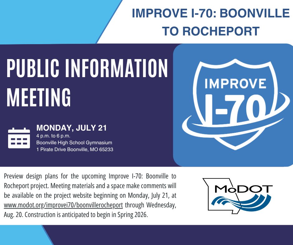MoDOT_Central's tweet image. REMINDER:
PUBLIC INFORMATION MEETING TOMORROW: Join MoDOT's Improve I-70 team on Monday, July 21, to learn more about the fifth Improve I-70 project: Boonville to Rocheport.
More here: modot.org/node/71730