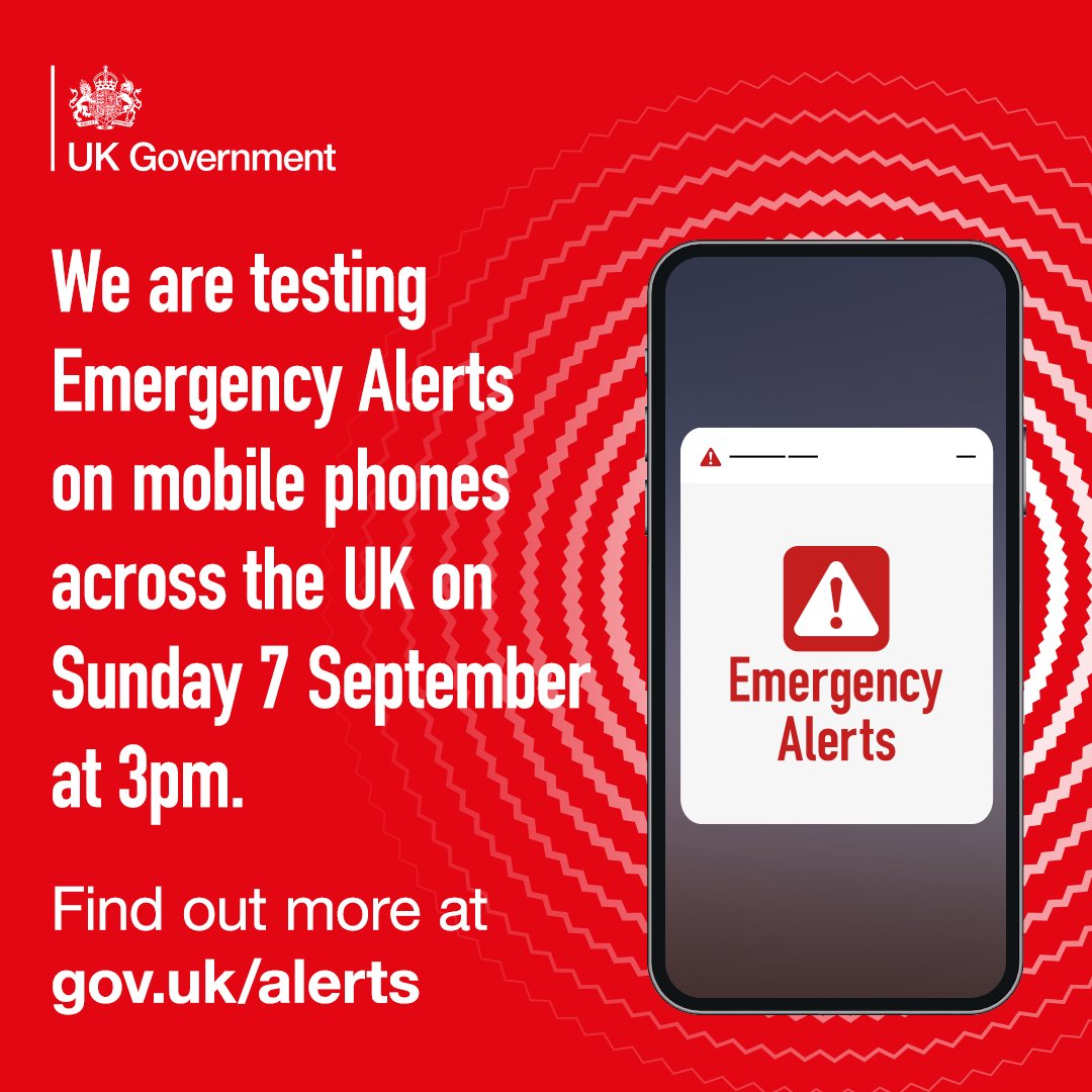 DWPgovuk's tweet image. There will be a UK-wide test of the Emergency Alerts system on Sun 7 Sep 2025 at 3pm
Your phone may sound and display a message
No action is needed
Find out more ow.ly/q08k50WqAIq