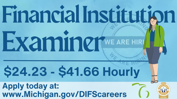 MIDIFS's tweet image. DIFS is hiring a Financial Institution Examiner in the Office of Credit Unions. This position is responsible for monitoring and examining the condition of state-chartered credit unions in Michigan. Apply by 7/21/2025. michigan.gov/DIFScareers #MiGovJobs