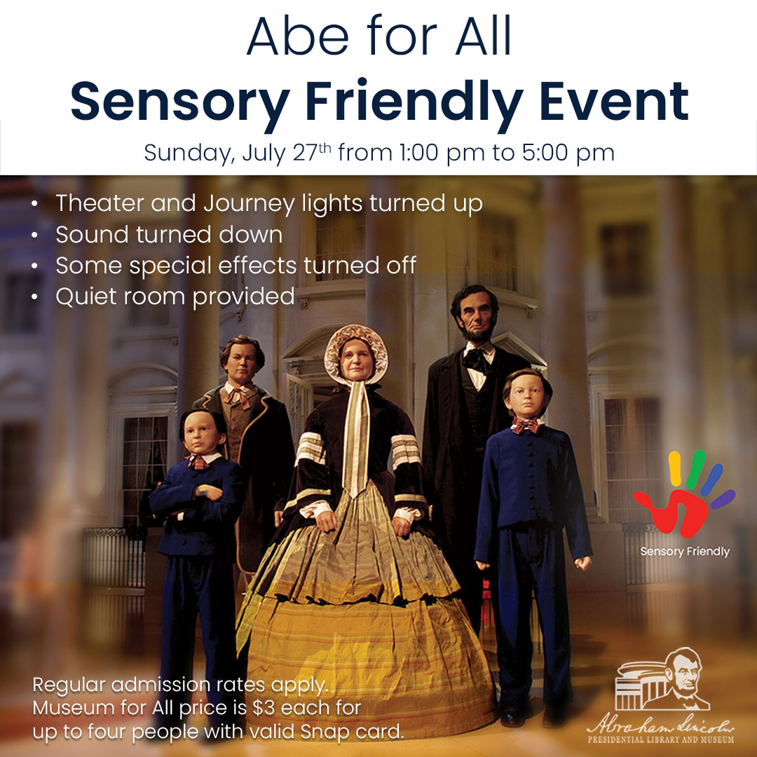 ALPLM's tweet image. Join us for #SensoryFriendly Sunday on July 27 from 1:00 p.m. to 5:00 p.m. During this event, visitors who may be overwhelmed by intense light, strong sounds, and large crowds are welcome to enjoy an experience designed for them. Details at ow.ly/mRX450Wksz4