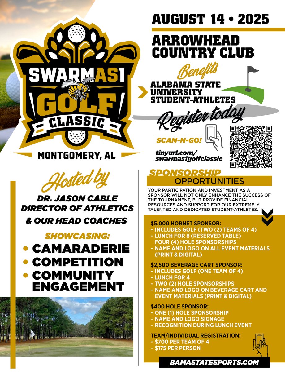 BamaStateSports's tweet image. Mark your calendar for the SWARMAS1 Golf Classic on August 14! Scan the QR code or click on the link.
Sign up here ➡️ loom.ly/n5hb4-4
#SWARMAS1