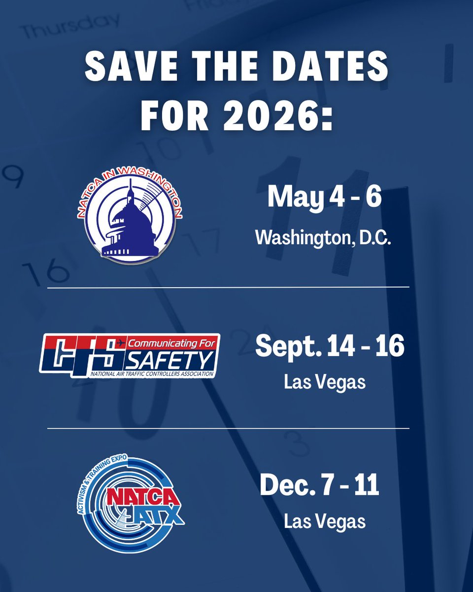 Mark your calendars for next year’s NATCA events! NiW: May 4-6, 2026 in Washington, D.C., at the Hyatt Regency Capitol Hill. CFS: Sept. 14-16, 2026 in Las Vegas at the Horseshoe. ATX: Dec. 7-11, 2026 in Las Vegas at Caesars Palace.