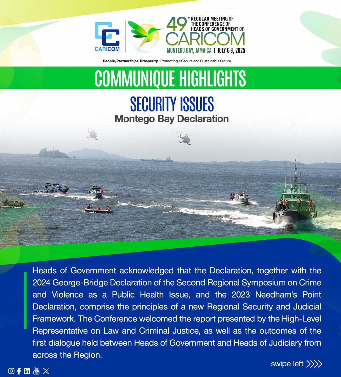 CARICOMorg's tweet image. 🛡️ Stronger, Safer Caribbean.
🚔 #CARICOM Heads of Government adopted the Montego Bay Declaration on Transnational Organised Crime and Criminal Gangs on July 8, 2025.
➡️Swipe now to learn more.
📲 Scan the QR code or click to read the Communique now: ow.ly/m9vI50Wshn2…
