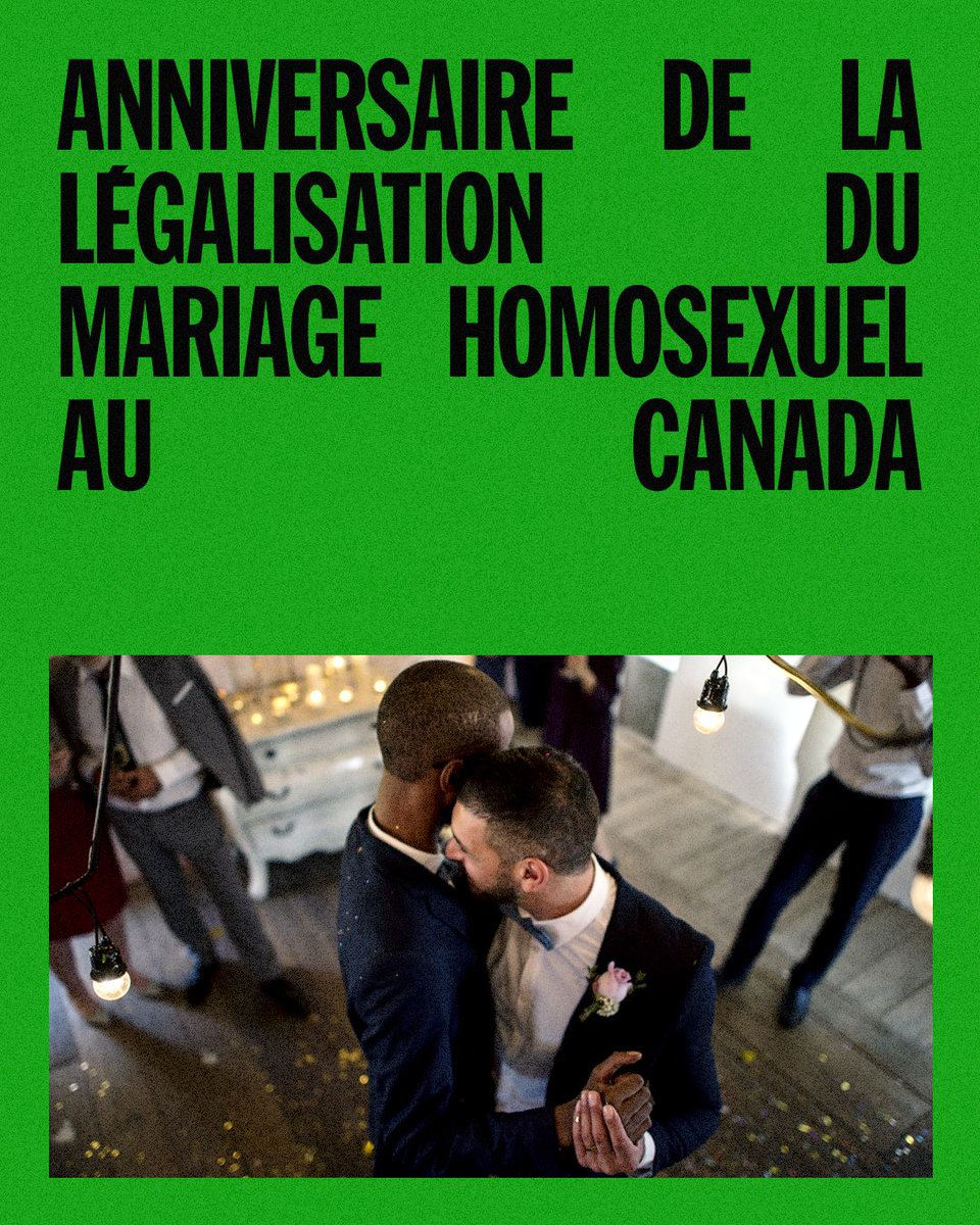 Aujourd'hui, marque les 20 ans de la légalisation du mariage pour les personnes de même sexe au Canada 💍🫶
Cette décision historique a marqué un pas vers l'égalité et l'inclusion. Rendons hommage à toustes celleux qui ont lutté pour cette victoire.
