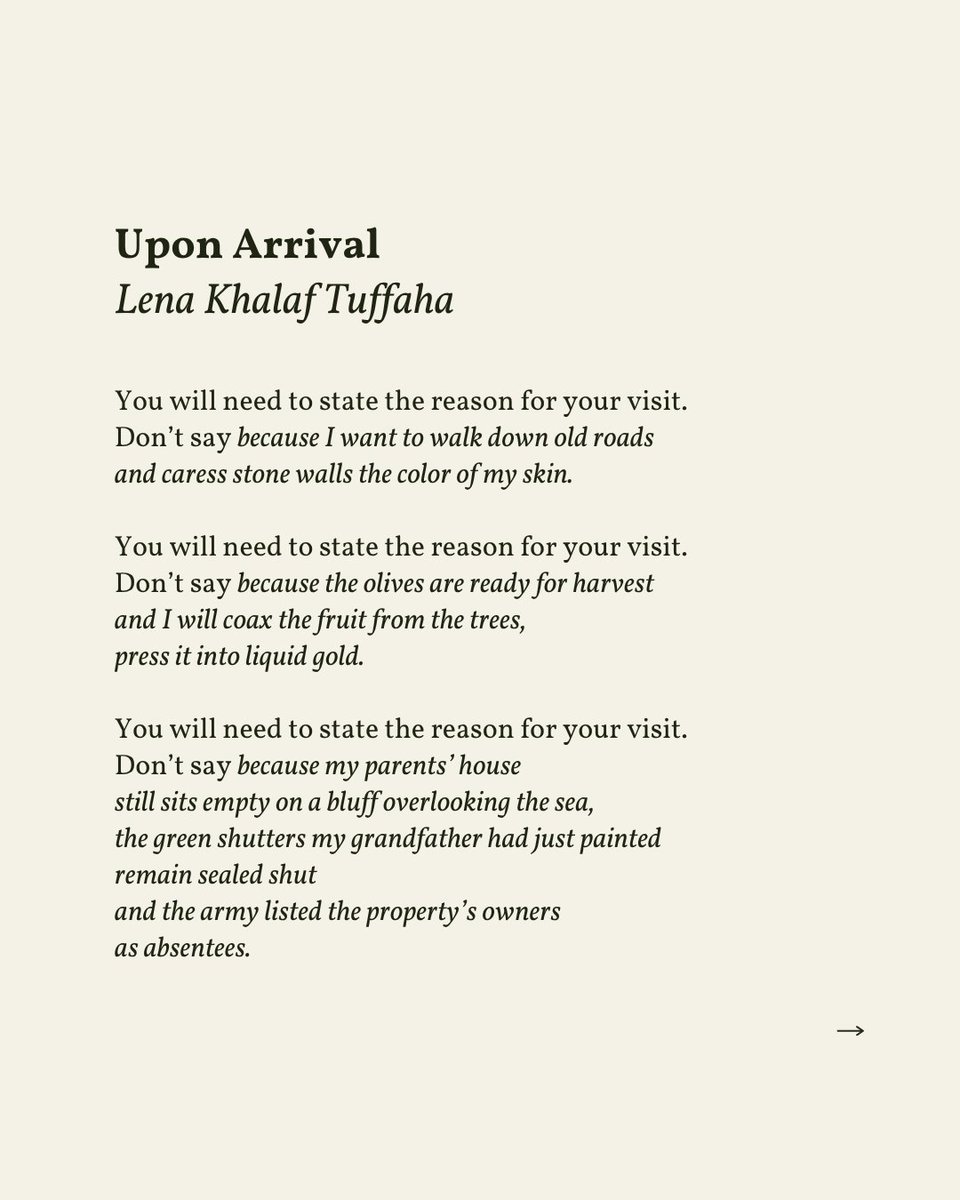 readalittlepoem's tweet image. “You will need to state the reason for your visit. / Don’t say because my parents’ house / still sits empty on a bluff overlooking the sea”
— Lena Khalaf Tuffaha
.
.
.
This poem appeared in Water & Salt by Lena Khalaf Tuffaha, published by Red Hen Press, 2017.