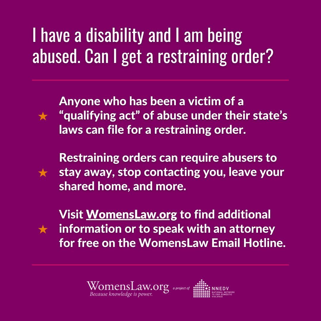WomensLaw's tweet image. Victims and survivors of abuse who have disabilities may find it helpful to consider filing for a restraining order against the person who is choosing to hurt them. Learn more and see whether this can be a safe option: buff.ly/BULEfKK
#DisabilityPrideMonth