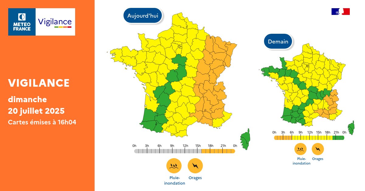 Pour dimanche 20 juillet 2025 :
🟠 26 départements en Vigilance orange

Pour lundi 21 juillet 2025 :
🟠 8 départements en Vigilance orange

Restez prudents et informés :
vigilance.meteofrance.fr