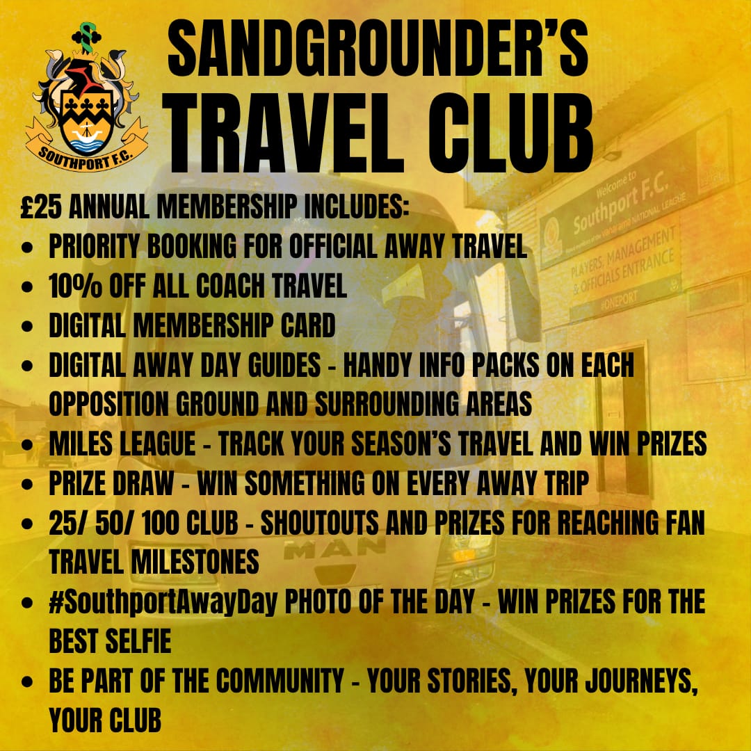 🚍 A reminder to book onto our coach to Merthyr Town, just two days remain of the priority window for members of the Sandgrounders Travel Club.

You can still sign up to the Travel Club here: southportfc.ktckts.com/membership/awa…

Seats will then go on general sale from Thursday morning, you