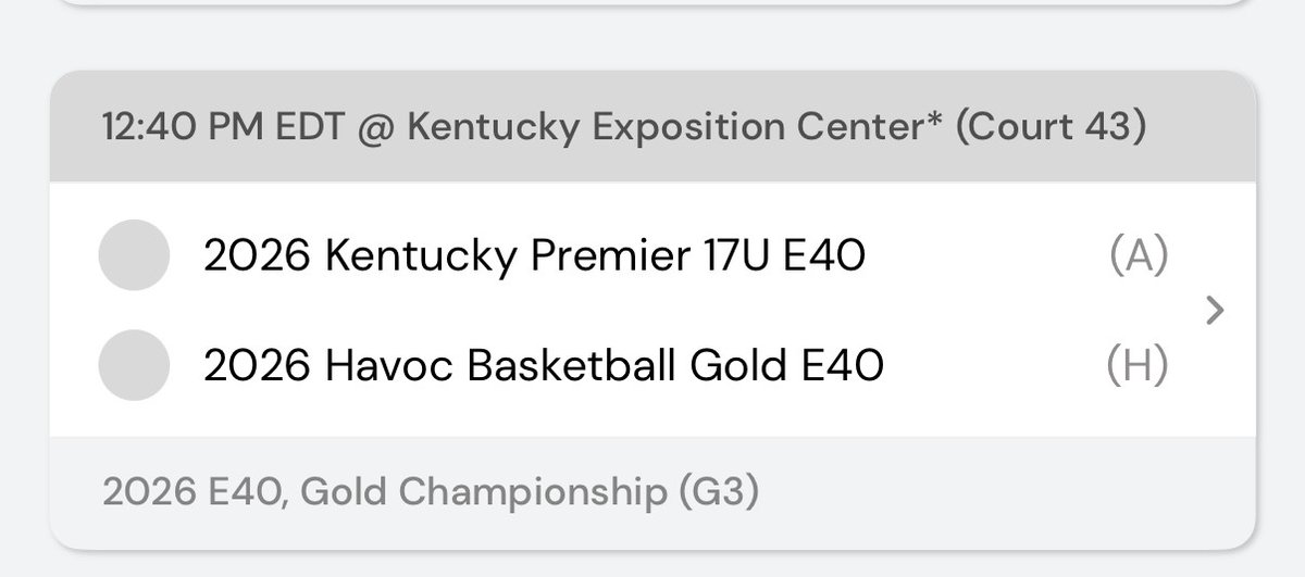 Game times and courts keep changing. First game now at 12:40 pm on Court 43. <a href="/INEliteHavoc/">Havoc Basketball</a>