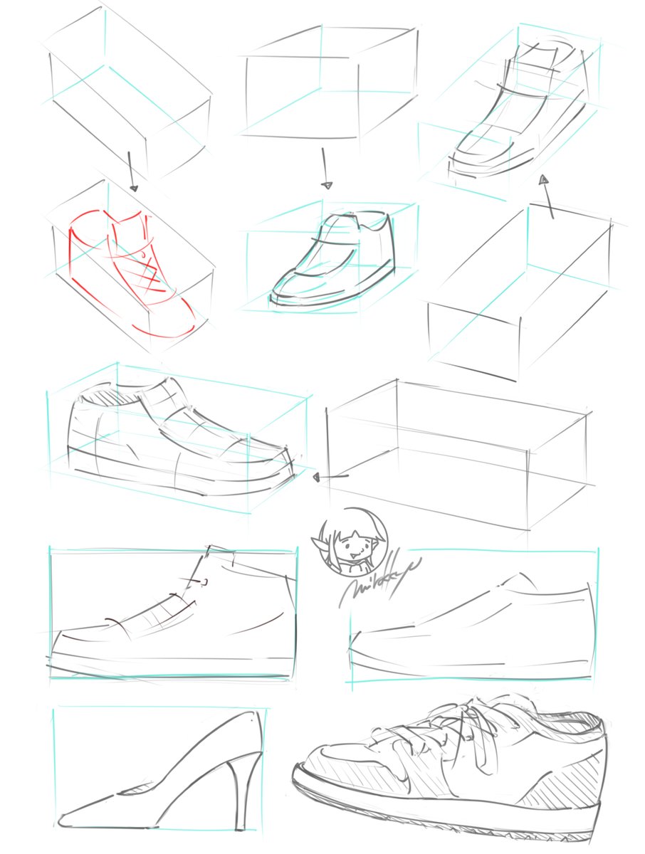 mirokkyu's tweet image. くつの練習✏️
シンプルに
箱を基準に靴を練習
つま先の方は少し上に沿って
浮いているんですね
#スケッチ #クロッキー