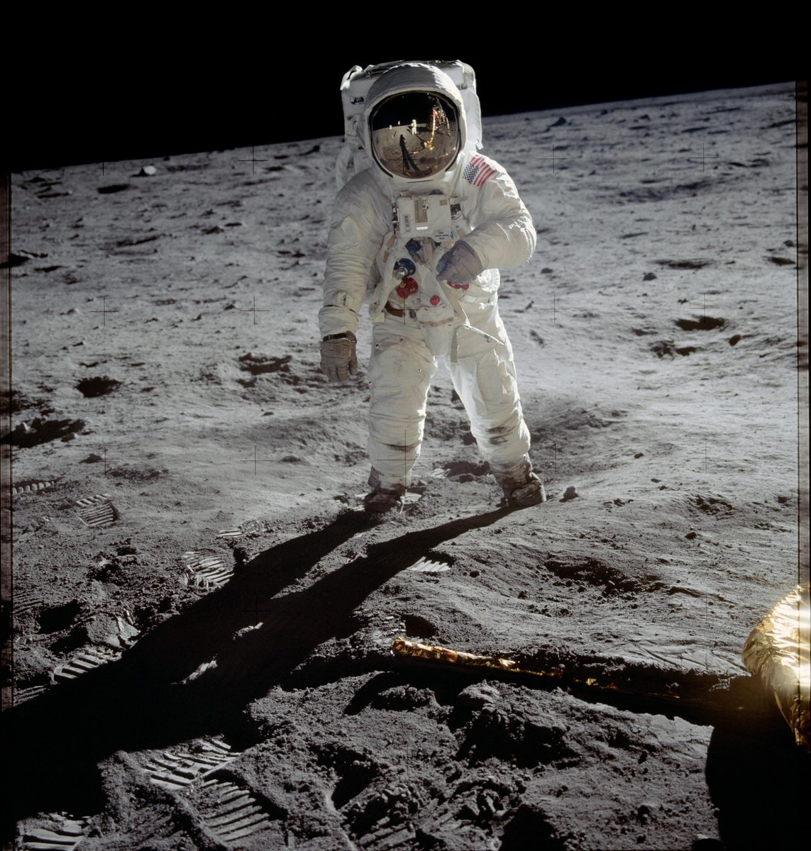 airandspace's tweet image. Happy Moon Landing Day!
On this day in 1969, Apollo 11 astronauts Neil Armstrong and Buzz Aldrin became the first humans to set foot on the Moon. This photo shows both astronauts on the Moon, with Armstrong reflected in the visor of Aldrin's helmet.
