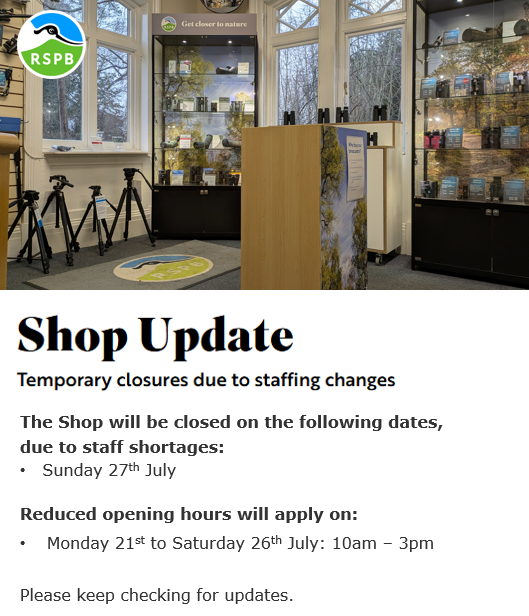 Up to date calendar of closures/opening times for The Lodge Shop, up to Sunday 27th July. 👇

The Cafe is scheduled to be open every day.

Keep checking for updates, and thank you for your understanding.