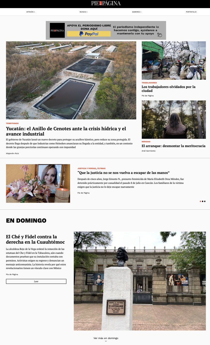 #LaPortada 📰

🔗 El Anillo de Cenotes ante la crisis hídrica y el avance industrial piedepagina.mx/yucatan-el-ani…

🔗 Los trabajadores olvidados por la ciudad piedepagina.mx/los-trabajador…

🔗 El Ché y Fidel contra la derecha en la Cuauhtémoc piedepagina.mx/el-che-y-fidel…