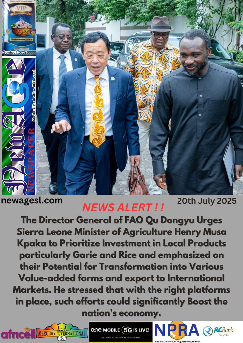 thomasdixon (@thomasd05987132) on Twitter photo Director General of <a href="/FAO/">Food and Agriculture Organization</a> has urged the government of Sierra Leone to prioritize investment in local products more so in Garrie and Rice, noting their potential for transformation into various value added forms and export.
<a href="/FAODG/">FAO Director-General QU Dongyu</a> added that with the platforms in place such Director General of <a href="/FAO/">Food and Agriculture Organization</a> has urged the government of Sierra Leone to prioritize investment in local products more so in Garrie and Rice, noting their potential for transformation into various value added forms and export.
<a href="/FAODG/">FAO Director-General QU Dongyu</a> added that with the platforms in place such