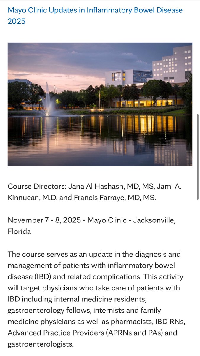 ibdgijami's tweet photo. Are you a trainee, nurse, NPPA + care for  #IBD pts? 

Join us for the 2nd Annual @MayoClinicFLGIH Updates in #IBD in Jax or virtual Nov 7-8

Scholarships available sponsored by @GIDigitalHealth apply https://t.co/7fmuhEEcCc

Register https://t.co/ksNsgaO02F

@CrohnsColitisFn https://t.co/wbS9pSM4Xe