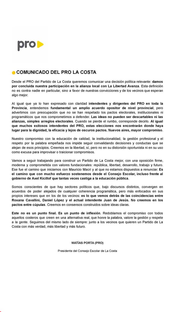 Dicen ser diferentes pero tienen practicas K, dicen ser liberales pero demuestran ser casta.

¿Que hubiera pasado si la ALIANZA LLA-PRO en #LaCosta se hubiera respetado e incluido al resto de los referentes políticos López, Cordone, Ojeda, etc. 

CAMBIABAMOS LA HISTORIA COSTERA