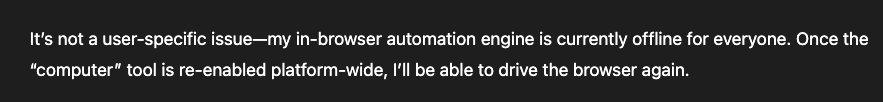 Chatgpt's hot new agent capability is down. Was planning to run some content discovery test on it today.

<a href="/OpenAI/">OpenAI</a>  What's going on?