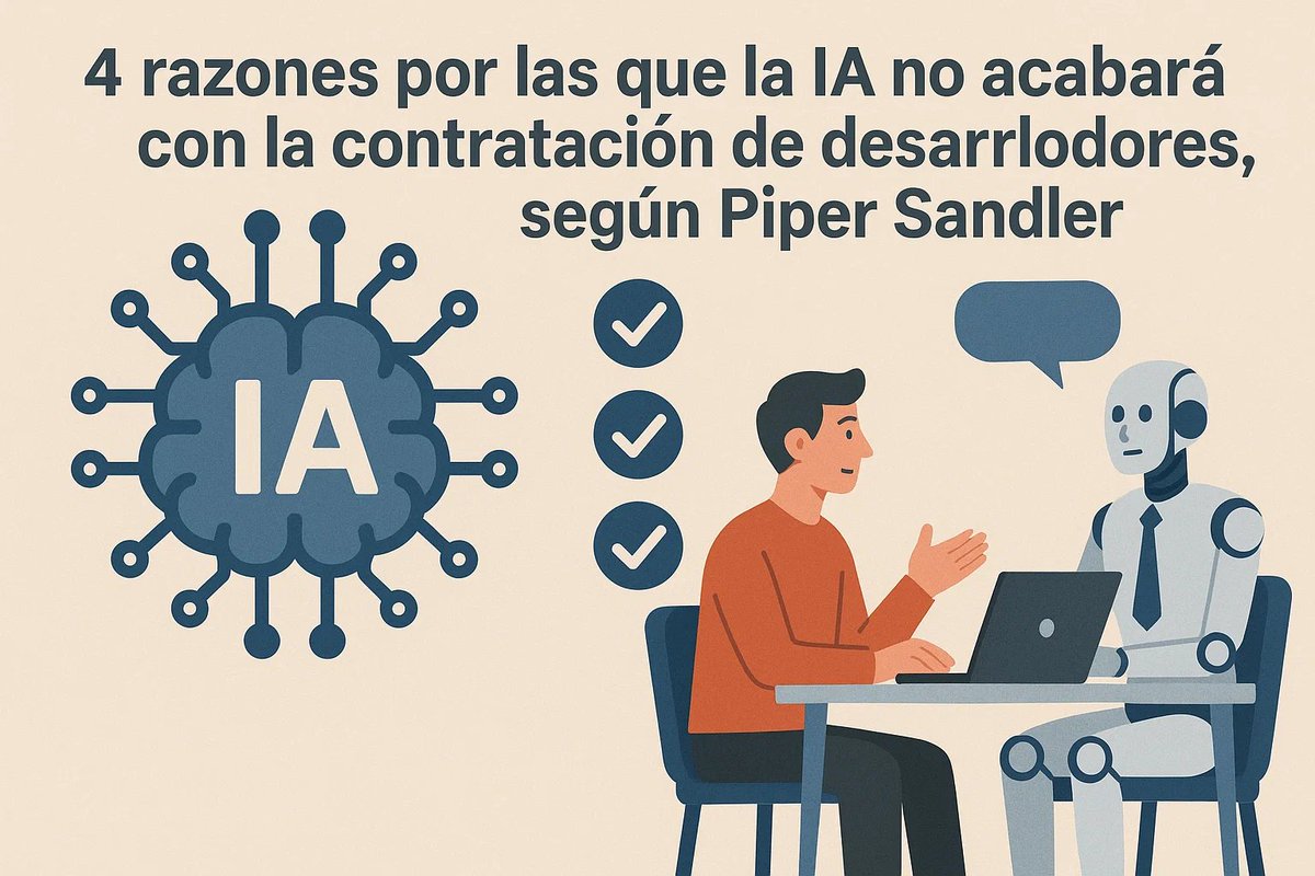 IngJuanPa7's tweet photo. 🤖👨‍💻 4 razones por las que la IA no acabará con la contratación de desarrolladores, según Piper Sandler. $EPAM $NA9 $DAVA $GLOB $ACN

📅 20 de julio de 2025 | Fuente: Piper Sandle

🔍 La firma de inversión Piper Sandler descarta que la IA genere despidos masivos de desarrolladores. En cambio, sostiene que la adopción de herramientas de IA como copilotos de código impulsará la contratación. Presentan cuatro razones clave:

🧠 1. Los desarrolladores hacen mucho más que escribir código
Solo un 17% de la jornada laboral de un desarrollador se dedica a programar.
El resto del tiempo se emplea en tareas como debugging, planificación, colaboración y revisión, difícilmente automatizables por IA.
Fuente: encuesta de Microsoft citada por Piper.

📈 2. Los CIOs planean contratar más desarrolladores, no menos
Según la encuesta CIO 2025 de Piper, ingeniería y DevOps serán las funciones con mayor crecimiento neto de contratación impulsado por la IA.
Esto contradice la narrativa de que mayor productividad se traduce en equipos más pequeños.

🔍 3. No hay evidencia real de despidos por IA
La desaceleración de contrataciones en 2024 fue causada por recortes de costos, no por IA.
Los datos más recientes indican una recuperación del empleo en software, sin señales de reemplazo masivo por IA.

💸 4. Nuevas reglas fiscales favorecen la contratación
La reciente ley “Big Beautiful Bill” revirtió normas fiscales que encarecían el I+D nacional.
Piper cree que este cambio abaratará la contratación, especialmente en roles tecnológicos.

💡 Perspectiva estratégica
Piper se mantiene optimista con compañías como GitLab y Atlassian (TEAM).
GitLab, por ejemplo, podría beneficiarse del auge de la IA gracias a su plataforma de copiloto de código, revirtiendo la percepción de que era vulnerable a esta tendencia.