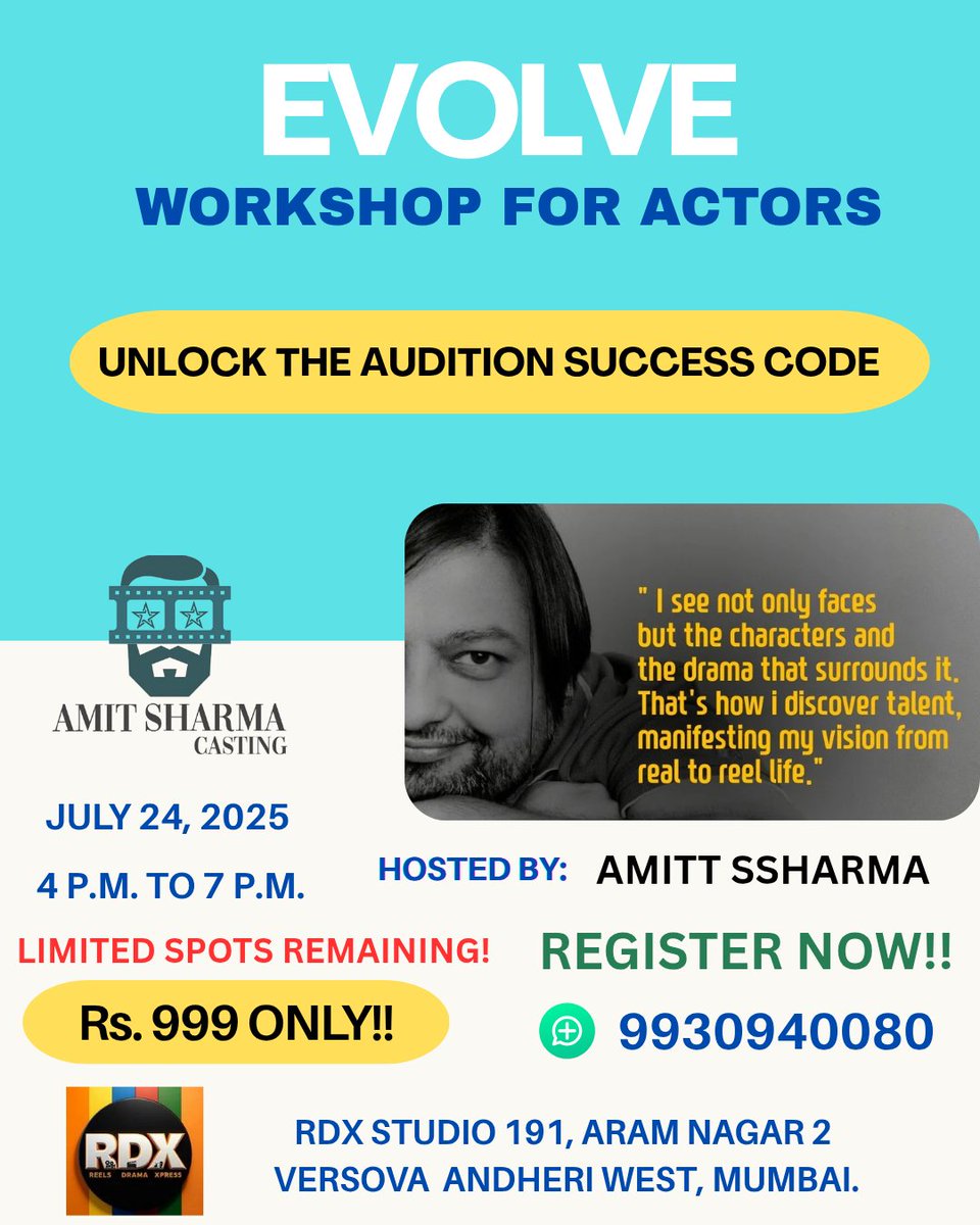 Amitsharmacast1's tweet photo. Still wondering why you're not getting callbacks after auditions?
Let me show you what casting directors really look for.
#ShehnaazGill #acting #workshop #actors #castingcall #auditions #Mumbai #Bollywood #actor #Trending #evolve #unlearn #Saiyaara #SaiyaaraMovie https://t.co/n8p0sb8zCp