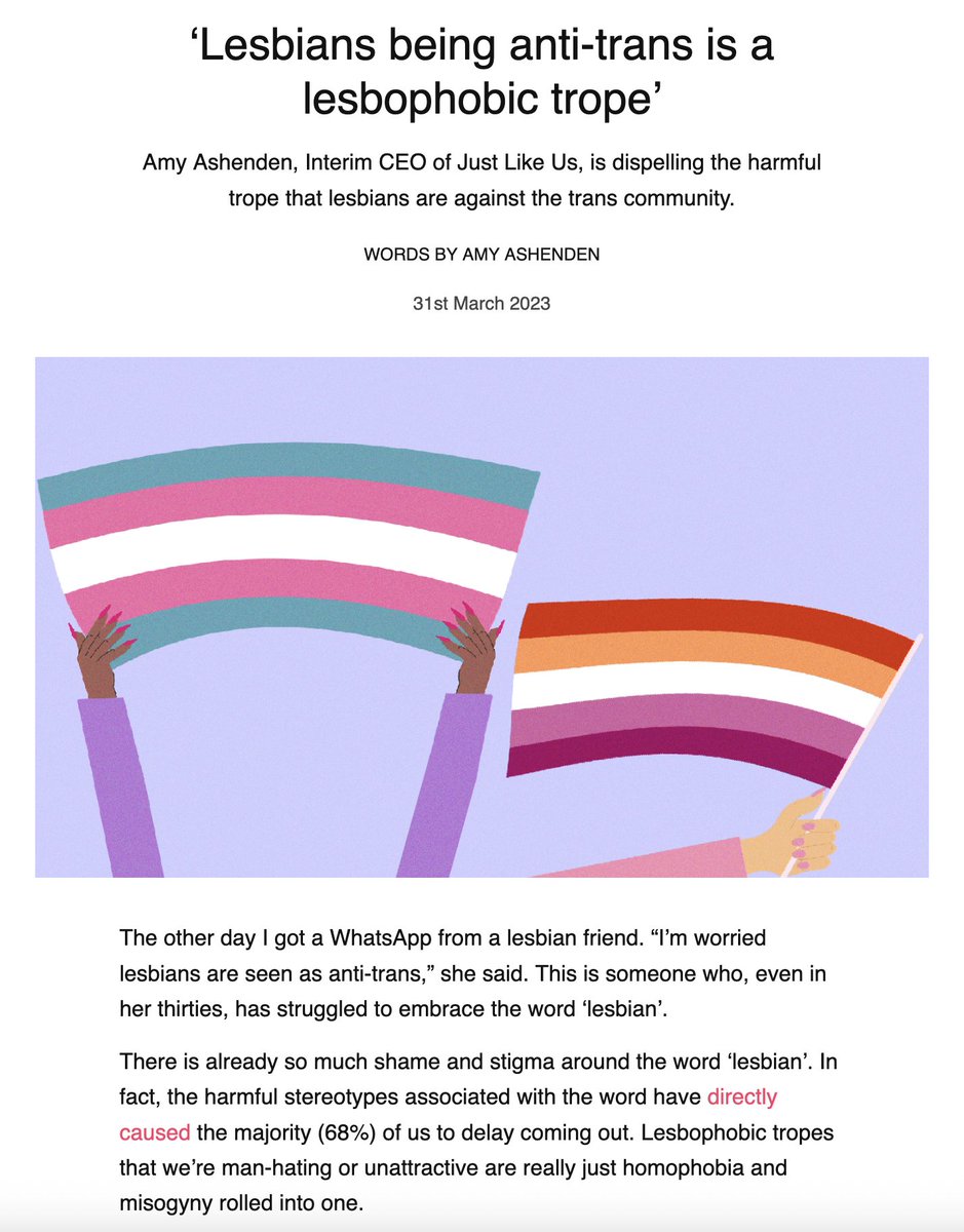 EliErlick's tweet image. There is no conflict between trans people and lesbians. There is a conflict between trans people and a few loud campaigners using lesbians as props for their reactionary agenda. 96% of non-trans lesbians self-describe as supportive of trans people, according to a recent survey.