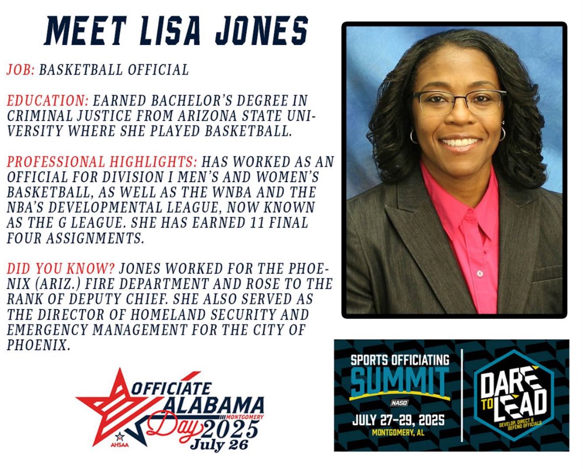 Lisa Jones will be in Montgomery for the AHSAA’s Officiate Alabama Day, set for July 26, and the National Association of Sports Officials (NASO) Summit from July 27-29.