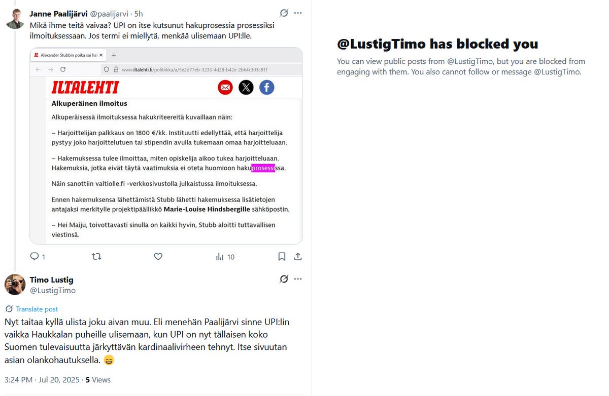 Timo ei usko että Oliver Stubbin palkkaaminen oli myös prosessi. Kun Timolle huomauttaa tästä, Timo painelee jostain syystä blokkipiiloon.